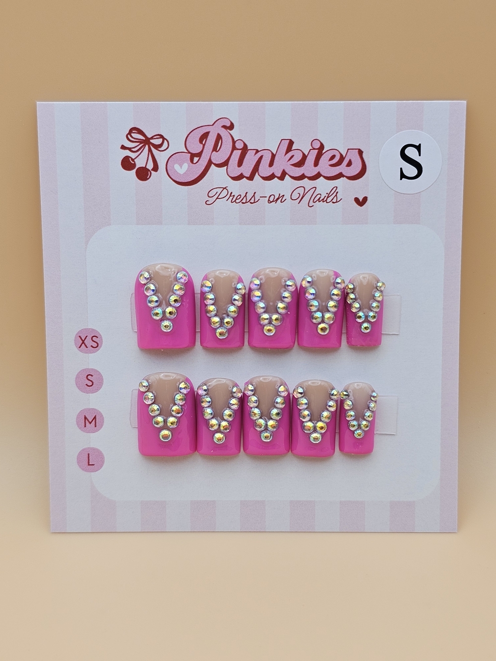 Size S Press-on Nails Set 10pc Baby Duck Hot Pink V French Rhinestones Gems
